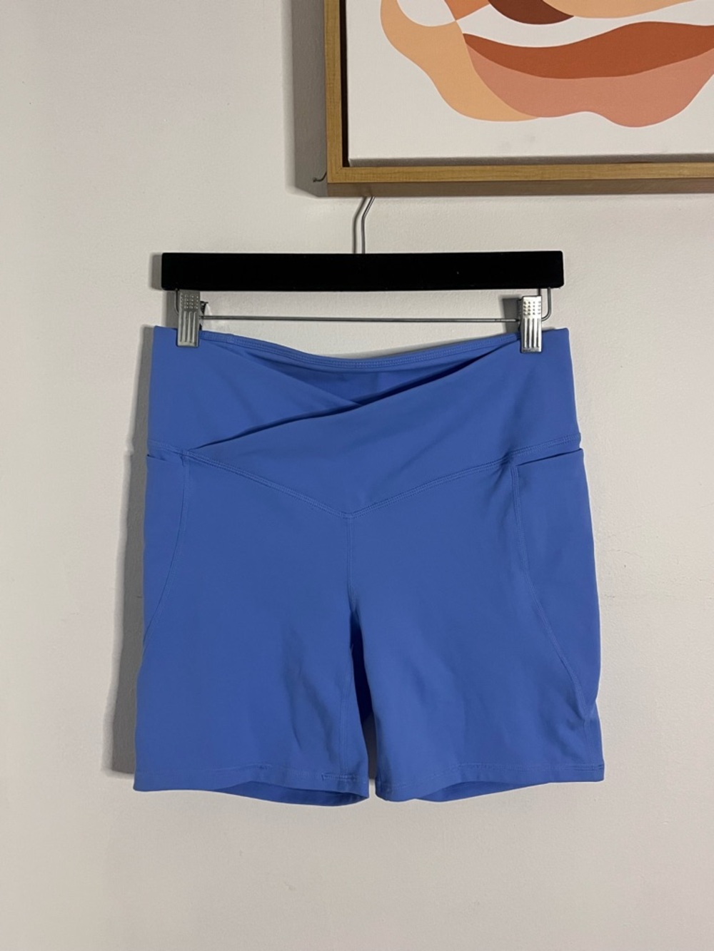 Fabletics Oasis PureLuxe Crossover 6'' Biker Shorts in Cerulean Blue - Picture 4 of 7